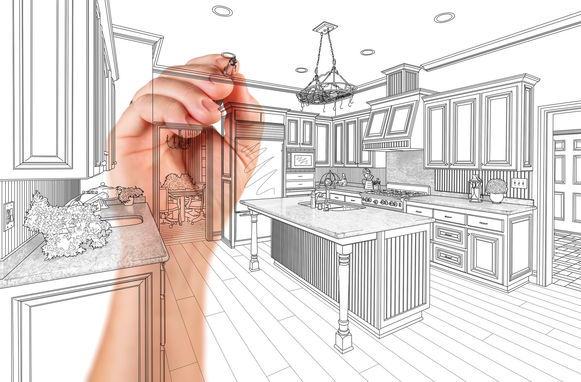 Hand of Architect Drawing Detail of Custom Kitchen Design. Hand of Architect Drawing Detail of Custom Kitchen Design.